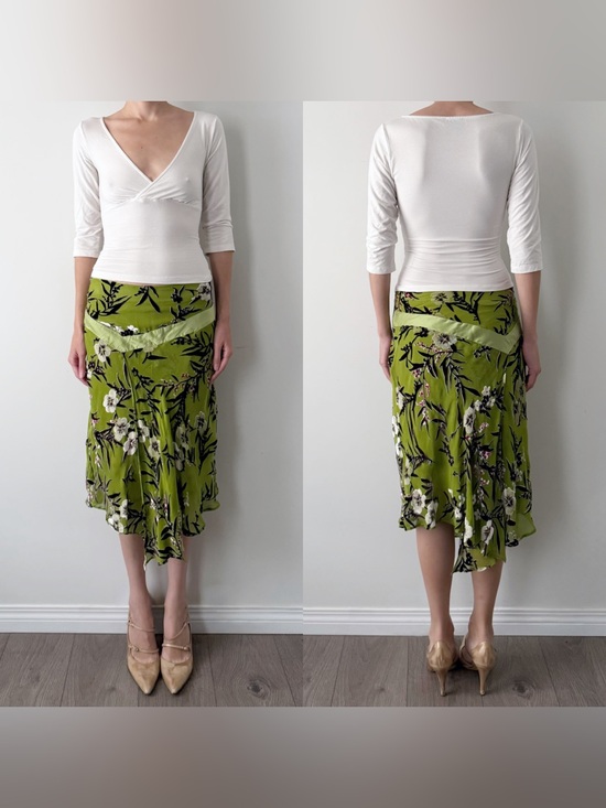 Dresses & Skirts - Vintage fairy green floral silk blend midi skirt